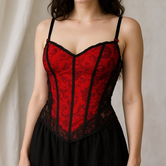 Vintage Red Black Lace Corset Top  Y2K Gothic Whimsigoth Coquette Lingerie 34B - Picture 1 of 9